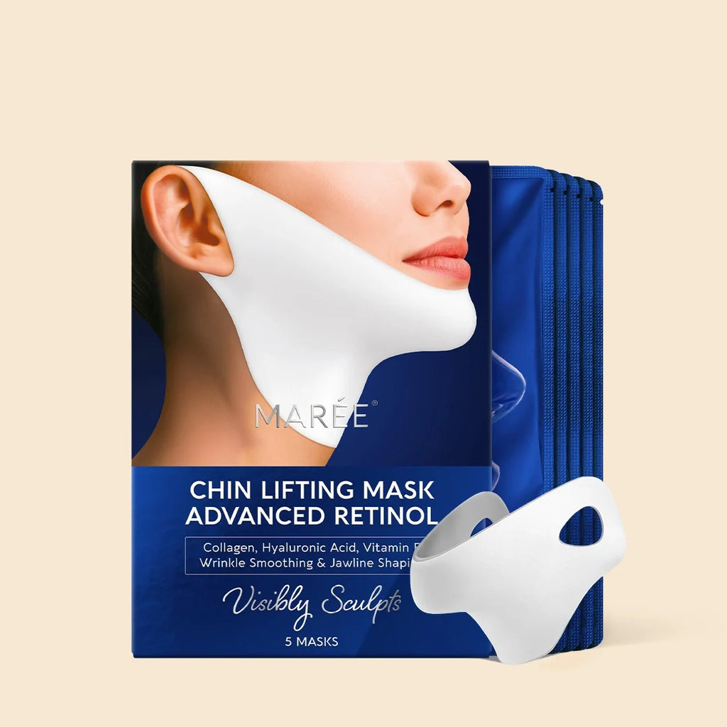 Retinol V-line Lifting Mask box showing a face in a white mask, with blue sachets and a separate white sheet mask.