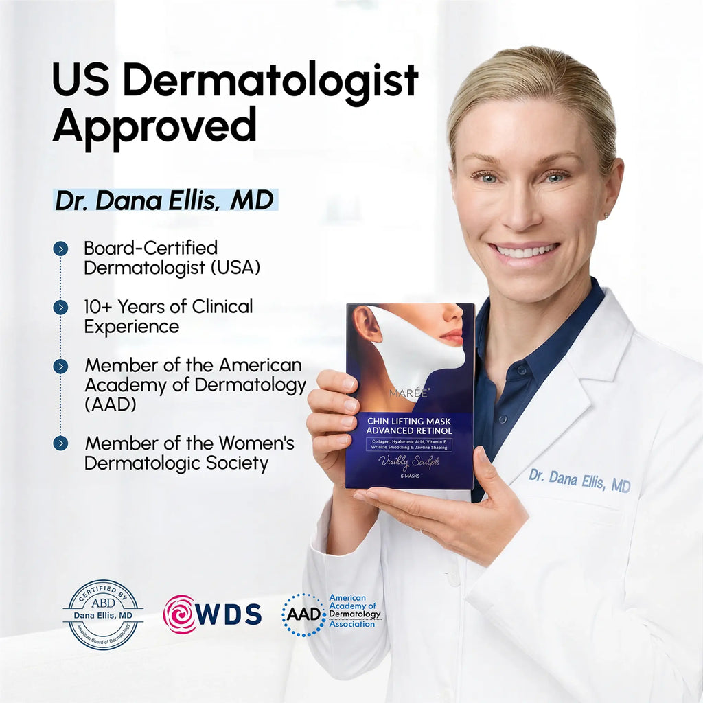 A woman in a white coat holds a Retinol V-line Lifting Mask box displaying a face-shaped mask.