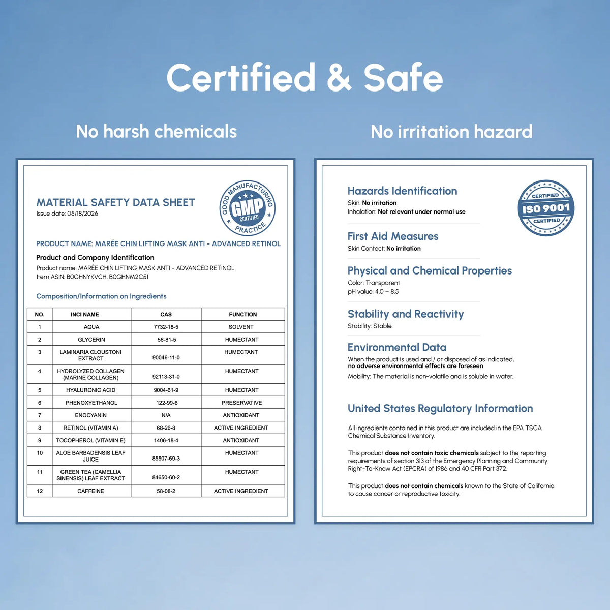Two-page safety data sheet for Retinol V-line Lifting Mask, with an ingredient table and hazard information.