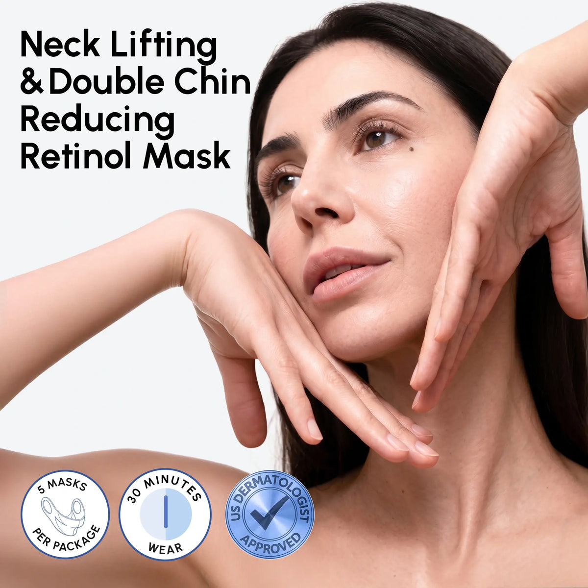 Retinol V-line Lifting Mask; close-up of a woman placing her hands along her jaw and neck.