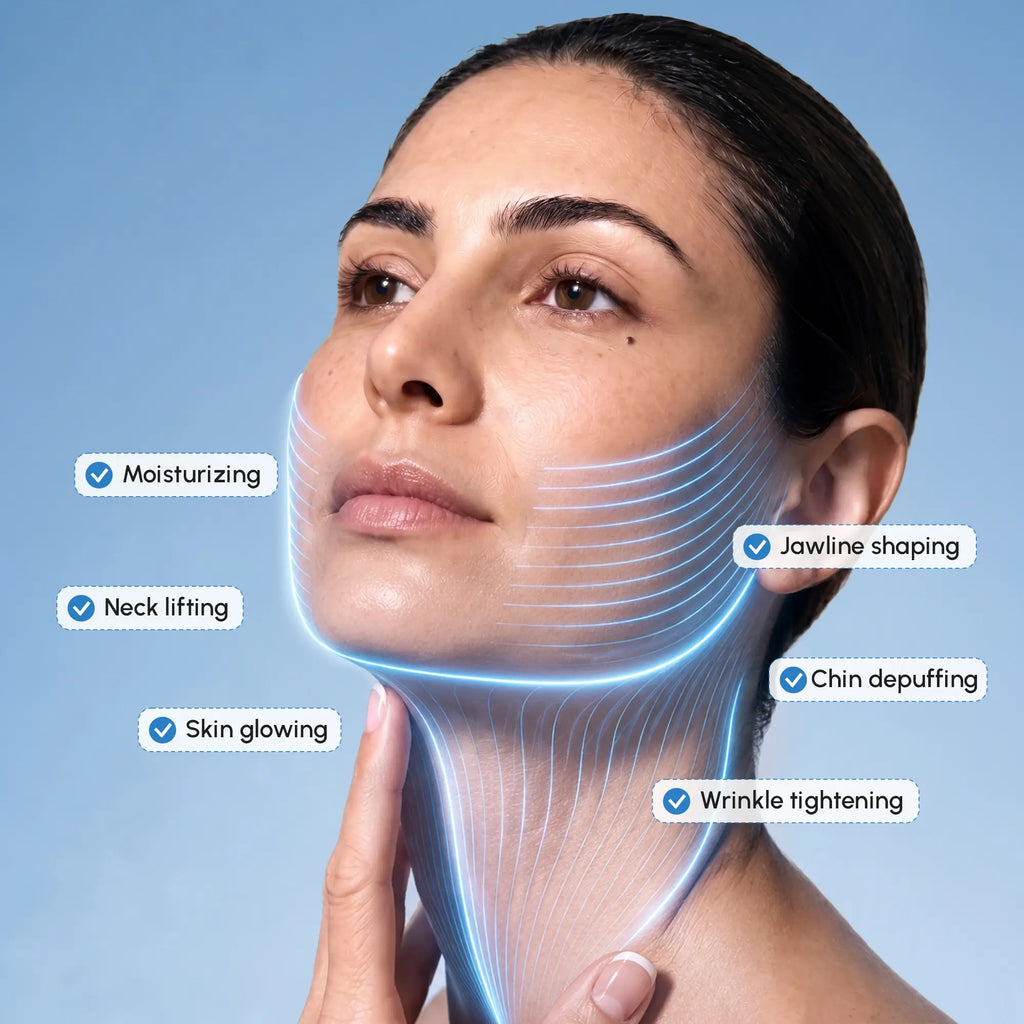 Retinol V-line Lifting Mask shown beside a woman's face and neck with blue contour lines and feature callouts.