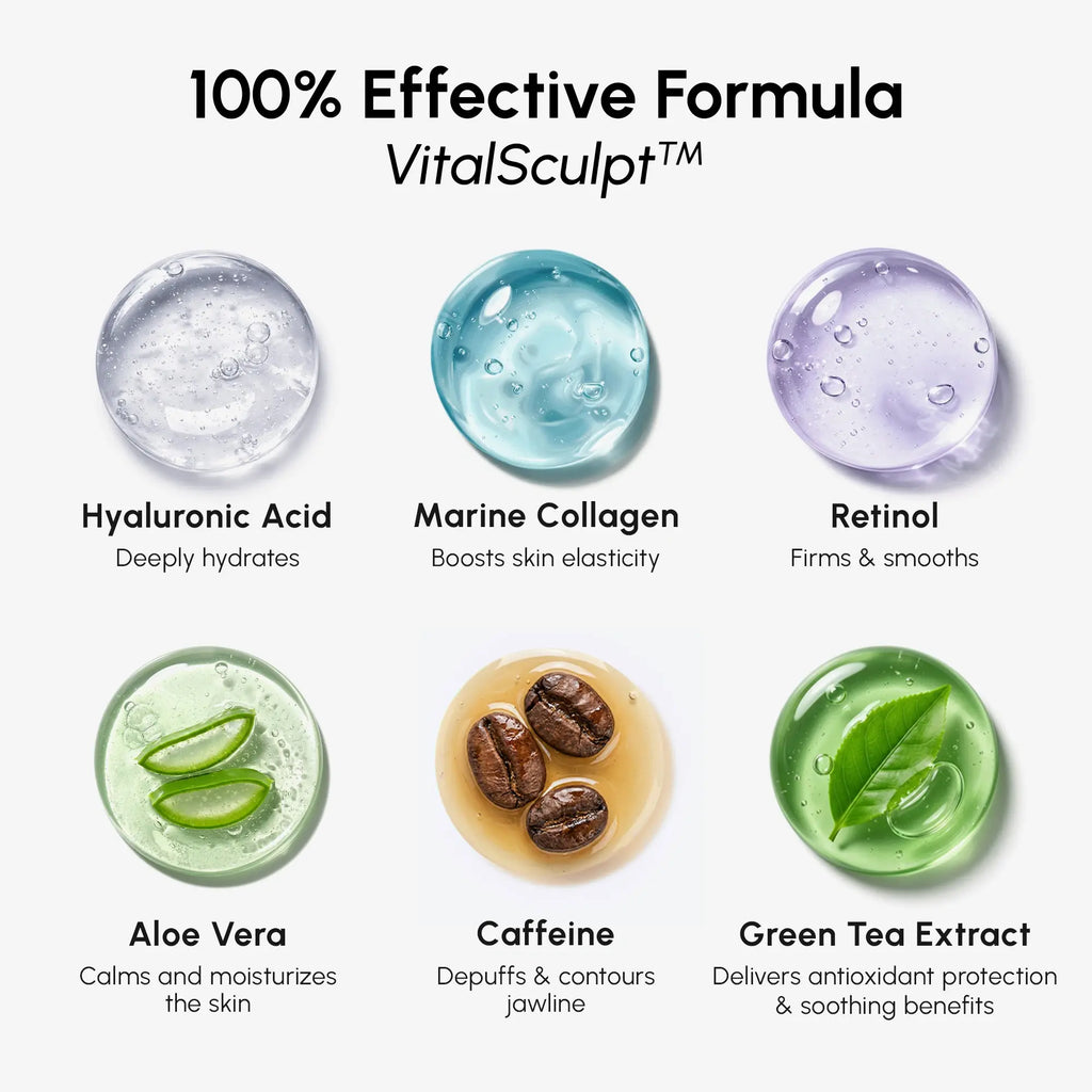Retinol V-line Lifting Mask infographic with six illustrated ingredient callouts, including aloe, caffeine and green tea.