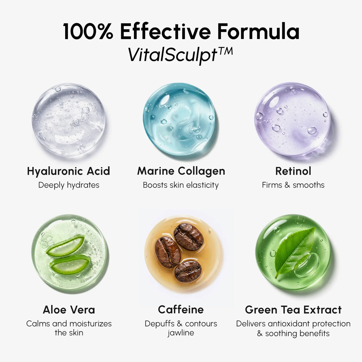 Retinol V-line Lifting Mask infographic with six illustrated ingredient callouts, including aloe, caffeine and green tea.