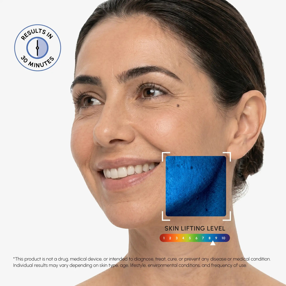 Retinol V-line Lifting Mask shown on a smiling face with a blue jaw patch and skin-lifting scale graphic.