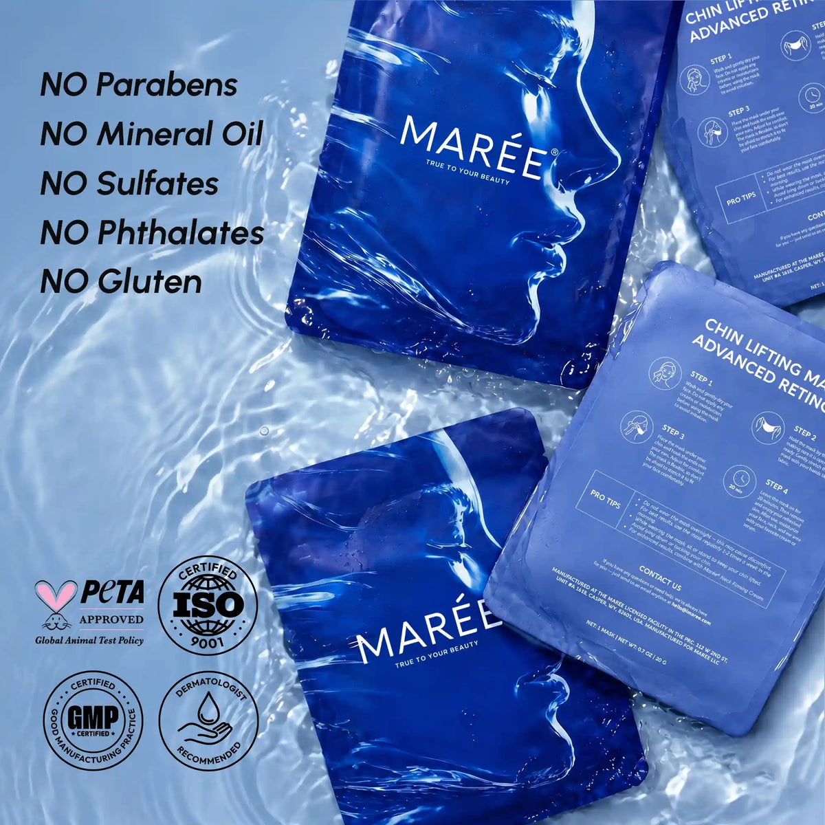 Retinol V-line Lifting Mask packages arranged on a pale blue background; a front pouch and instruction panels are visible.